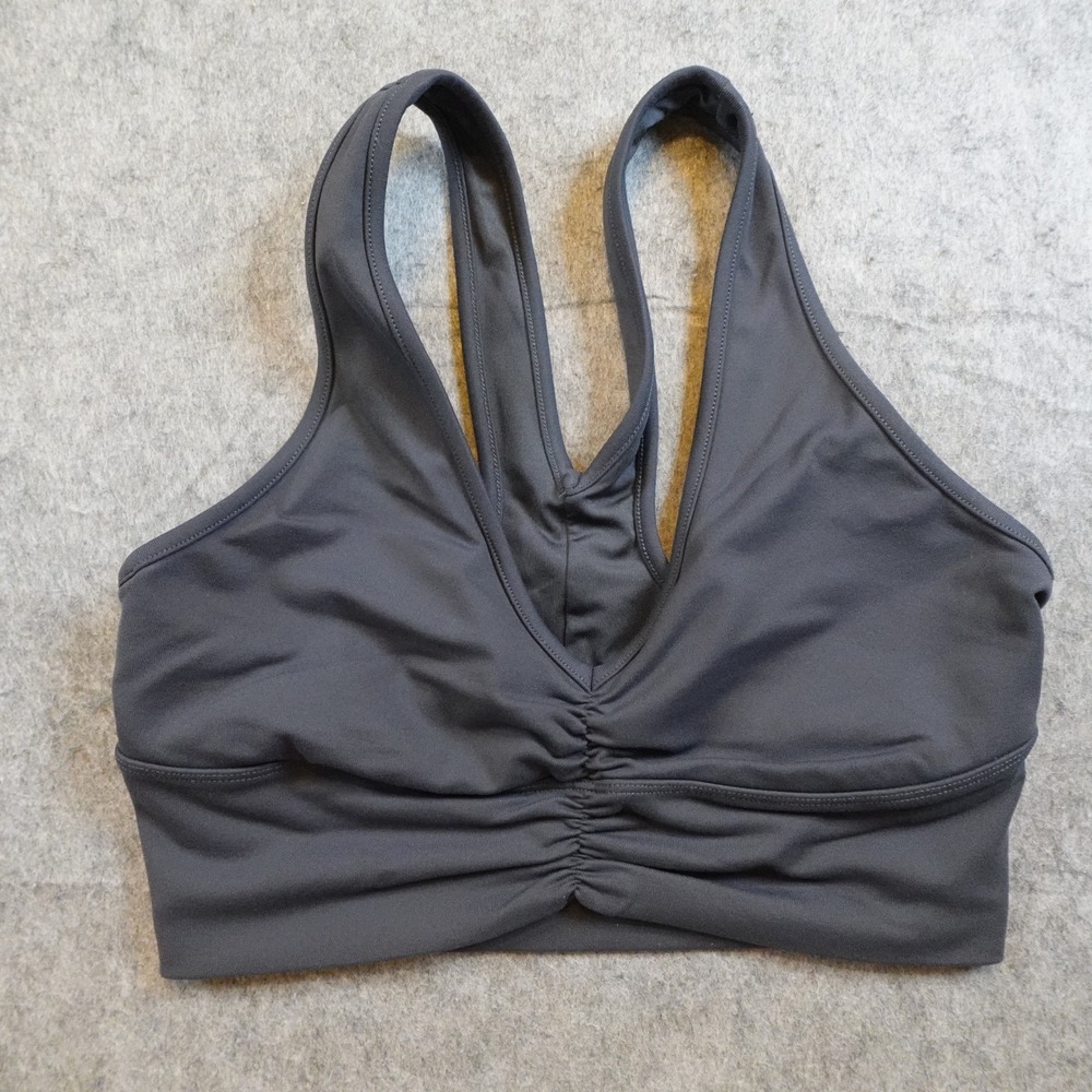 Alo Yoga Sports Bra Women Small Gray Wild Think Ruched VNeck Strappy Activewear